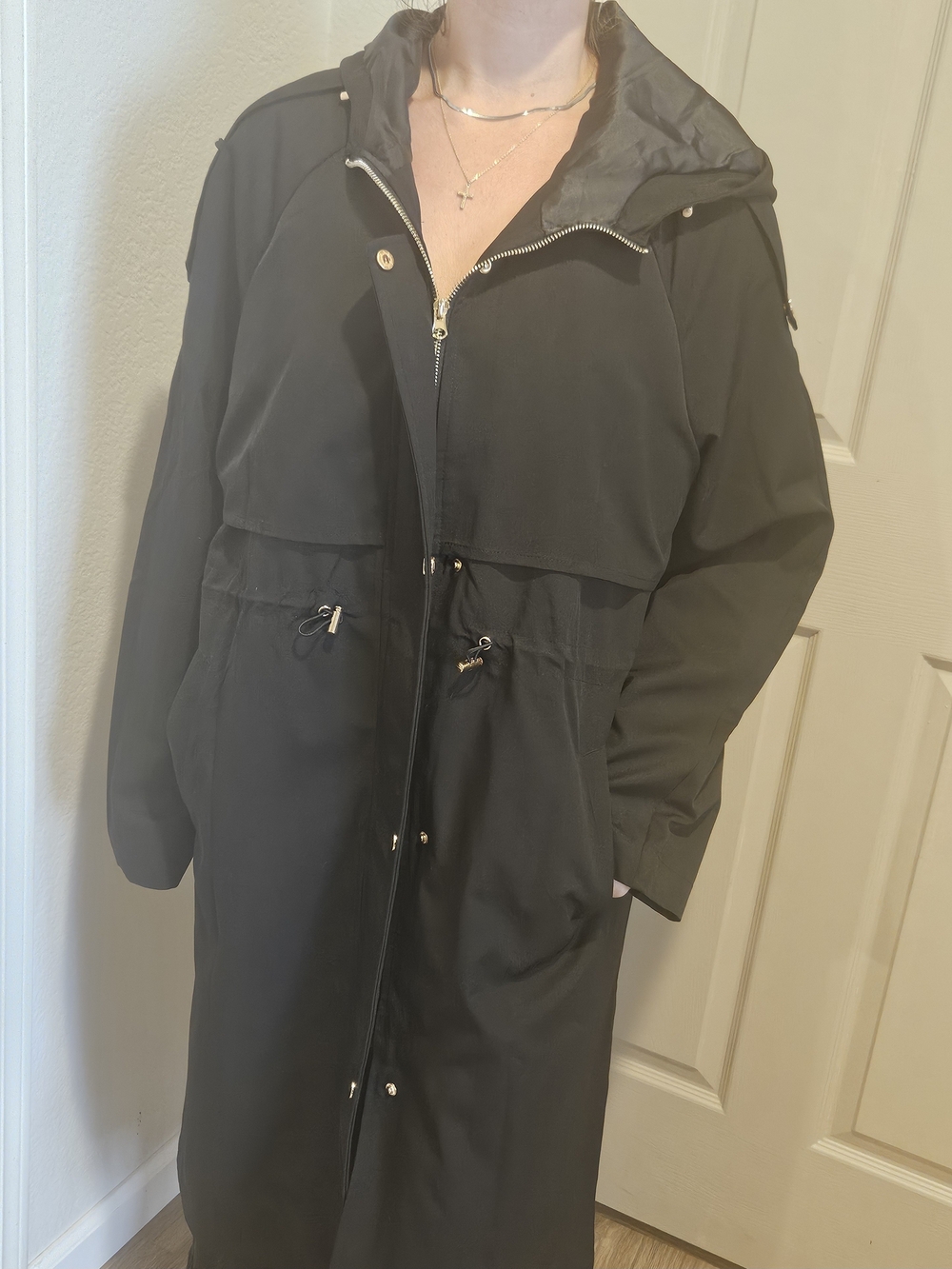 Woman's Black Hooded Raincoat with Zip, Snap Front & Gold-Tone Accents
